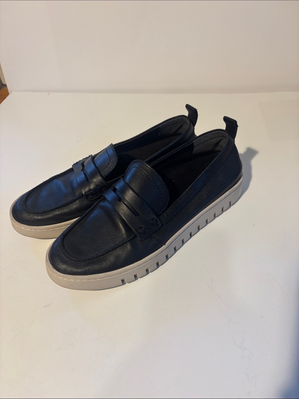 Vionic Black Leather Uptown Slip-On Penny Loafers with Cream Platform Sole